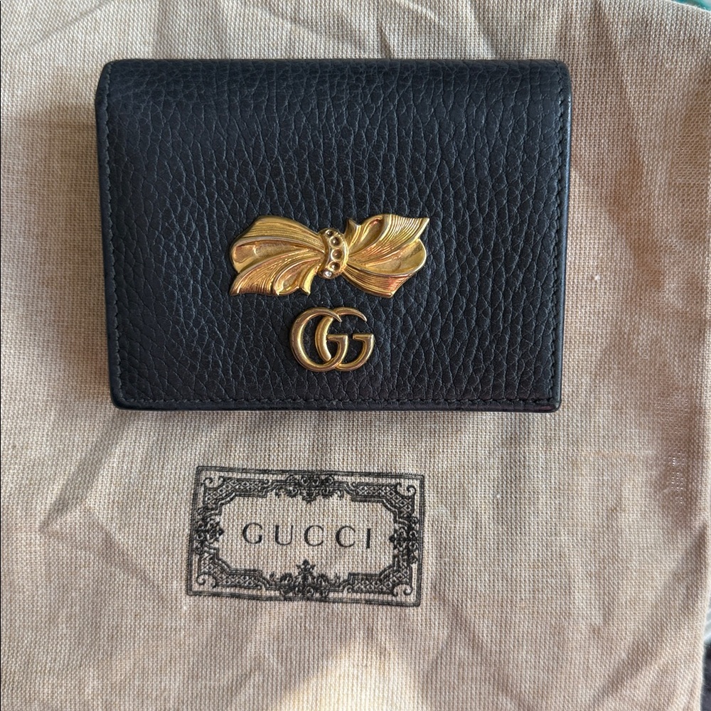 Gucci Marmont Black Leather Wallet with Gold Bow Logo and floral lining